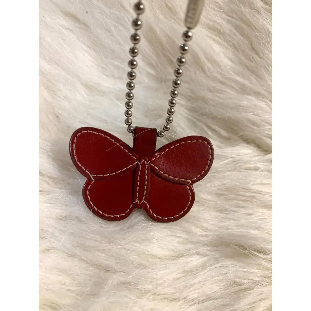 COACH Vintage Butterfly Charm Red Leather Key Ring Purse Fob